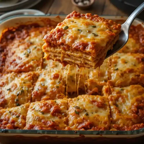 Golden-brown lazy lasagna in a vintage baking dish, being served on a worn wooden table with a gingham napkin. A comforting Southern dinner