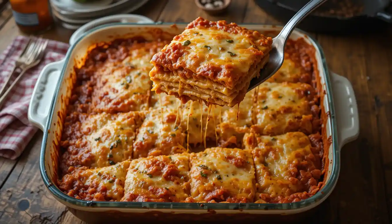 Golden-brown lazy lasagna in a vintage baking dish, being served on a worn wooden table with a gingham napkin. A comforting Southern dinner