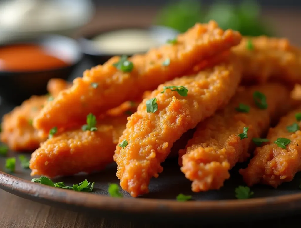 golden-brown spicy chicken strips on a plate with garnished parsley and dipping sauces.