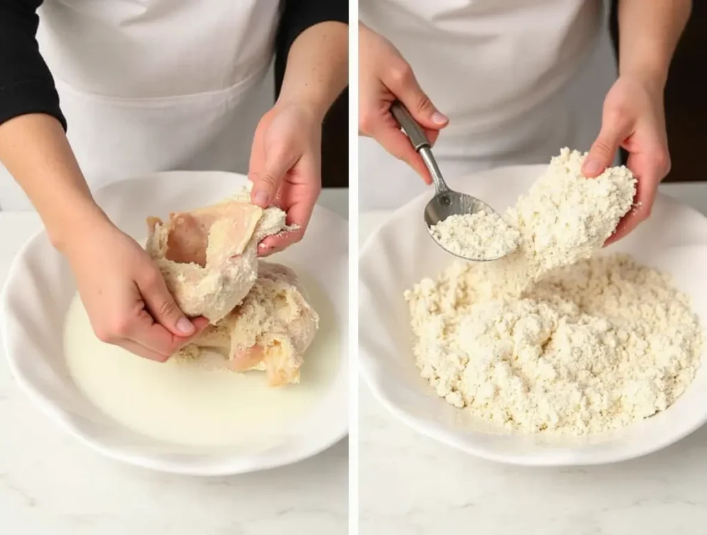 Chef dipping chicken into buttermilk and then into a seasoned flour coating for Americana Chicken.