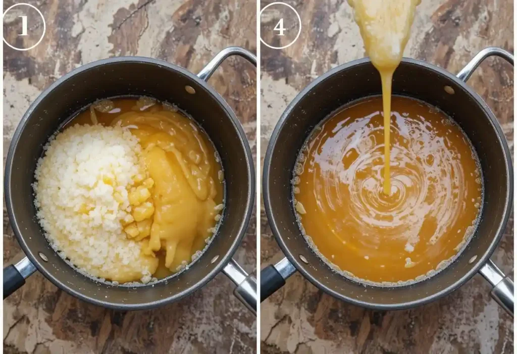 Close-up of sugar transforming into golden caramel in a saucepan.