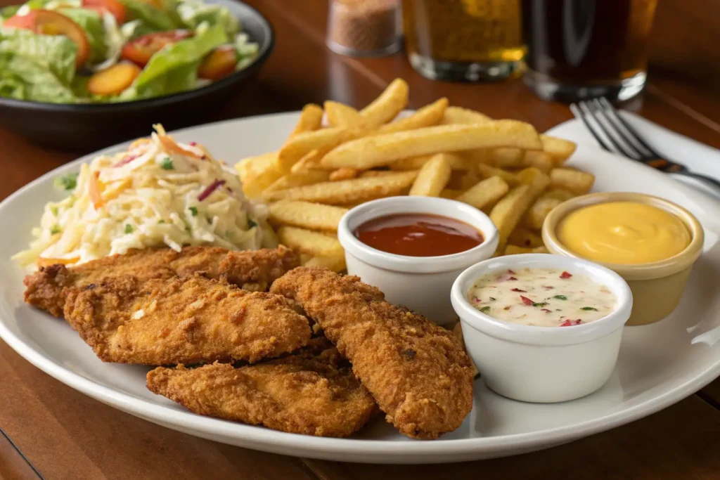 delicious plate of air fryer chicken tenders with a side of dipping sauces and crispy French fries, served on a rustic wooden table.