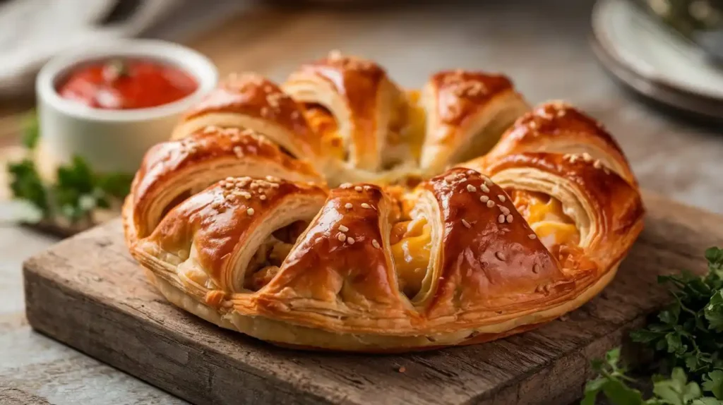 A sliced Chicken and Cheese Jalousie on a modern dining table, served with fresh herbs, ready to be enjoyed.