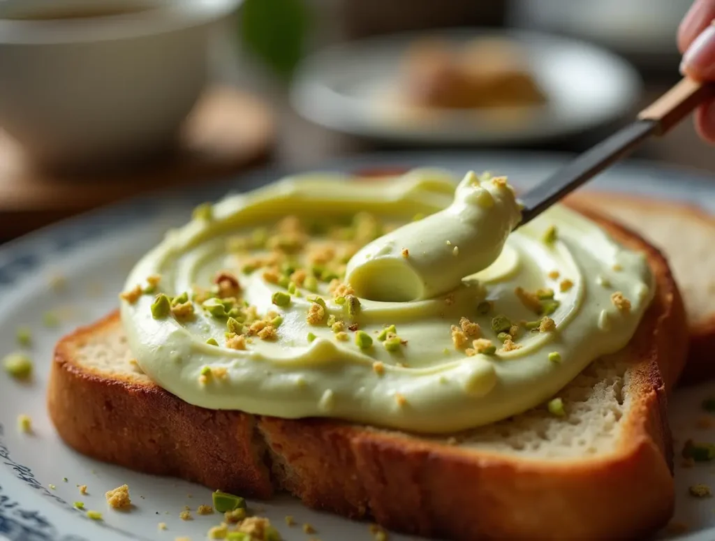 Creamy vegan pistachio spread being smoothed onto a slice of toasted artisan bread, topped with crushed pistachios