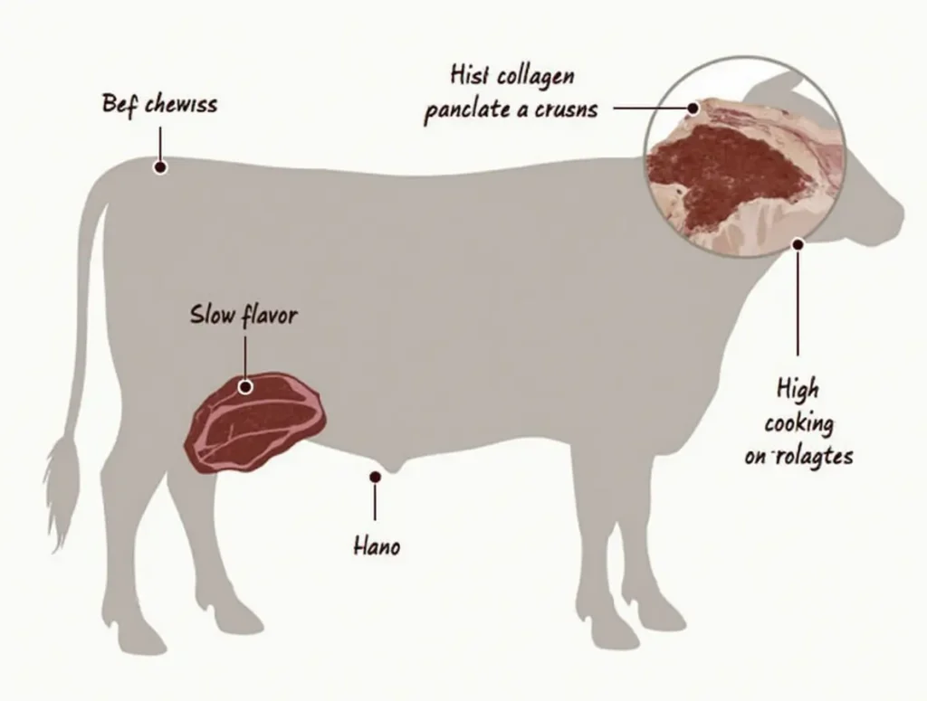 Diagram of a cow highlighting the cheek area where beef cheeks come from.