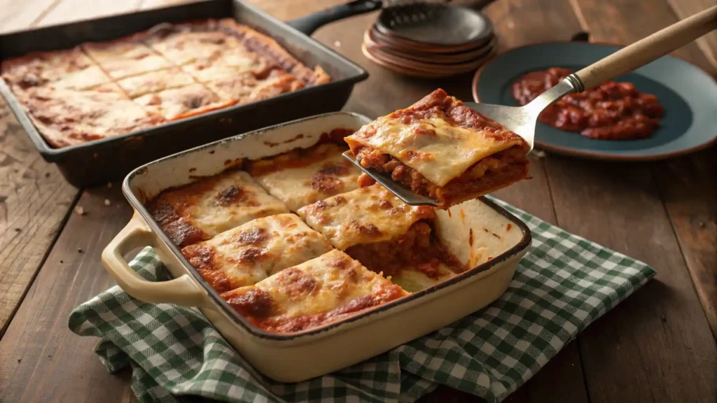 Close-up of a single serving of cheesy lazy lasagna on a floral plate, sprinkled with fresh herbs. Comfort food at its best