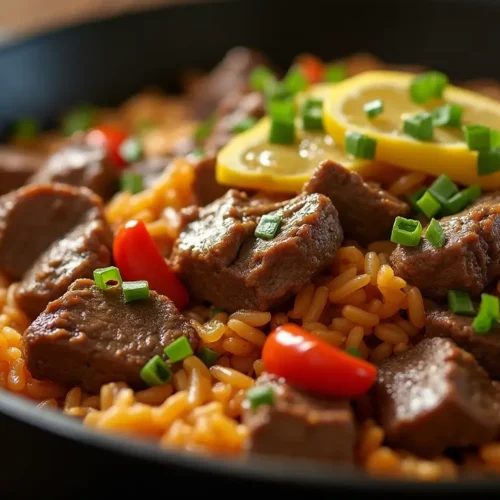 Hot plate of homemade Pepper Lunch with beef, garlic butter, and vegetables like corn and scallions
