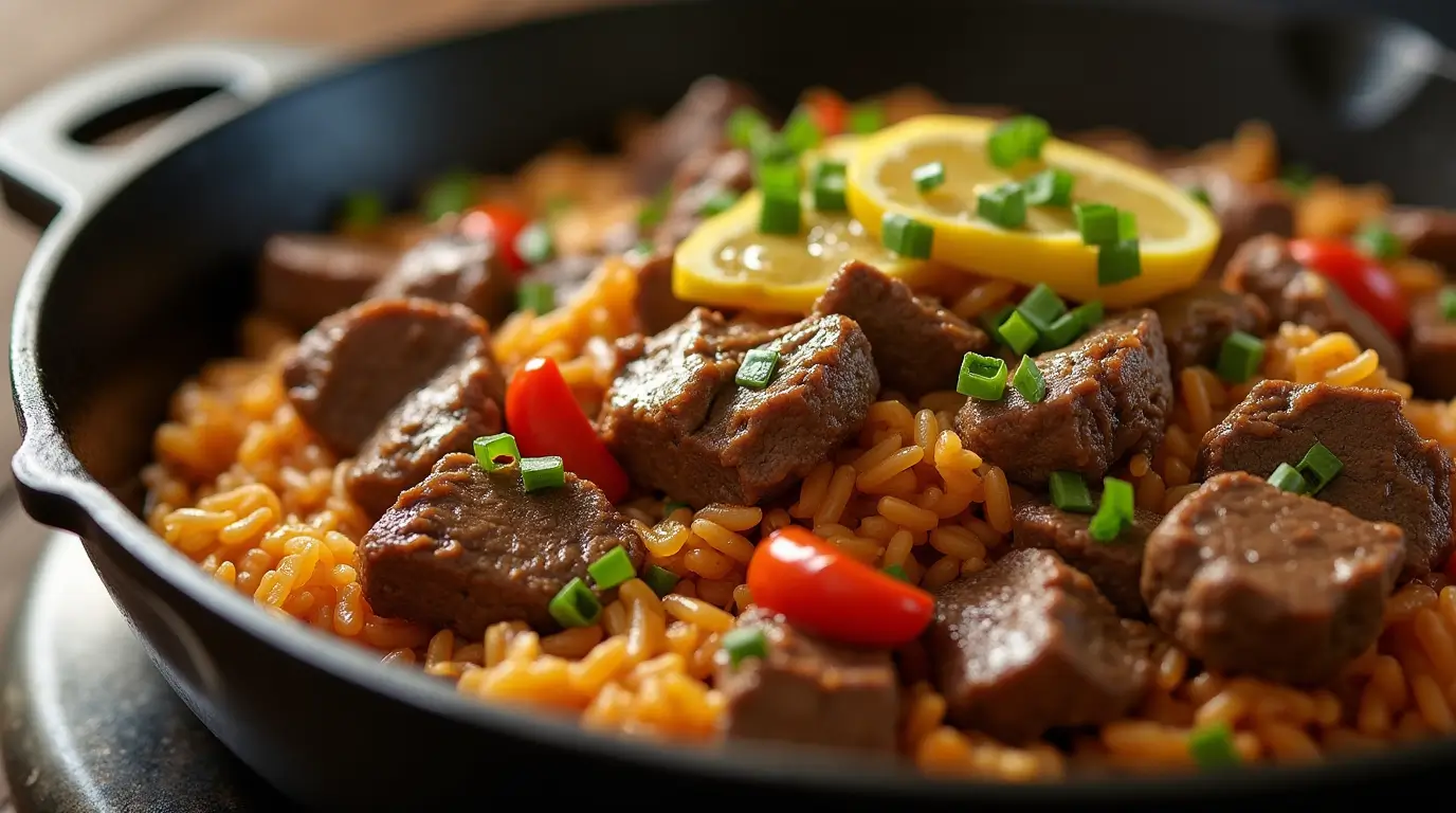 Hot plate of homemade Pepper Lunch with beef, garlic butter, and vegetables like corn and scallions