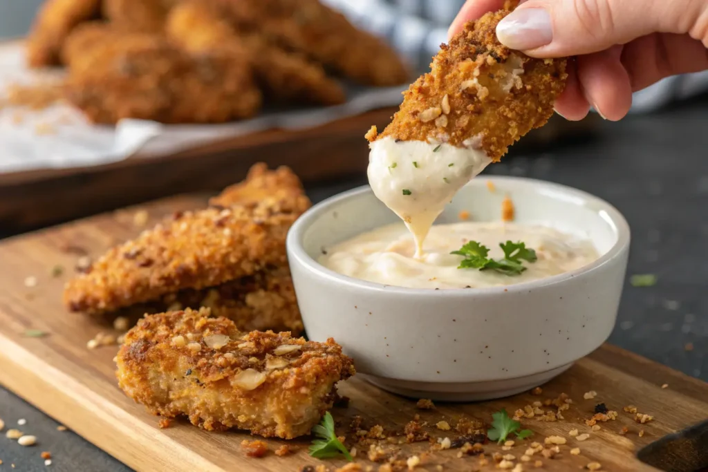 A plate of crispy air fryer chicken tenders with dipping sauces, French fries, coleslaw, and a fresh salad on the side.