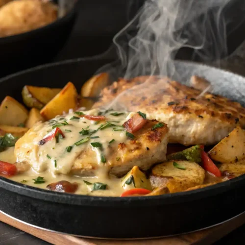 A rustic ceramic plate holding garlic parmesan chicken and potatoes garnished with fresh herbs.
