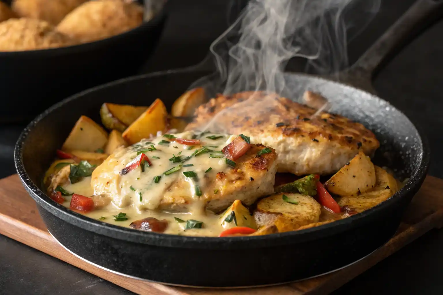 A rustic ceramic plate holding garlic parmesan chicken and potatoes garnished with fresh herbs.
