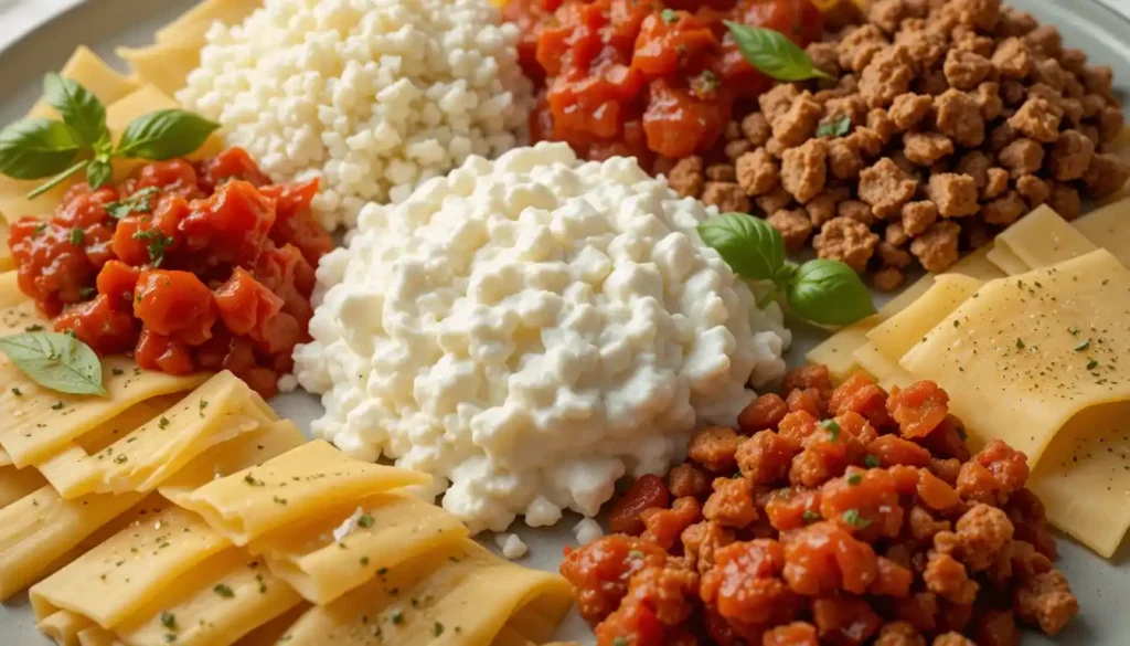 Flat lay of ingredients for lazy lasagna including tomato sauce, ricotta, noodles, sausage, and mozzarella, with Southern touches of pickled okra and cornbread crumbs.