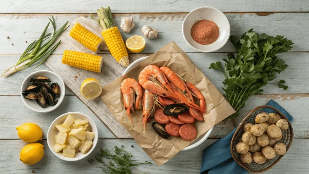 Fresh ingredients for a Seafood Boil Bag, including shrimp, crab legs, mussels, smoked sausage, corn, potatoes, garlic, lemons, and seasonings, arranged on a rustic wooden background.