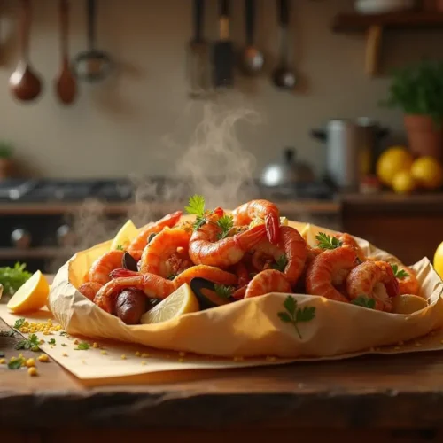 A vibrant Seafood Boil Bag dumped on a rustic wooden table, featuring shrimp, crab legs, mussels, corn, potatoes, and sausage, garnished with lemon wedges and parsley.