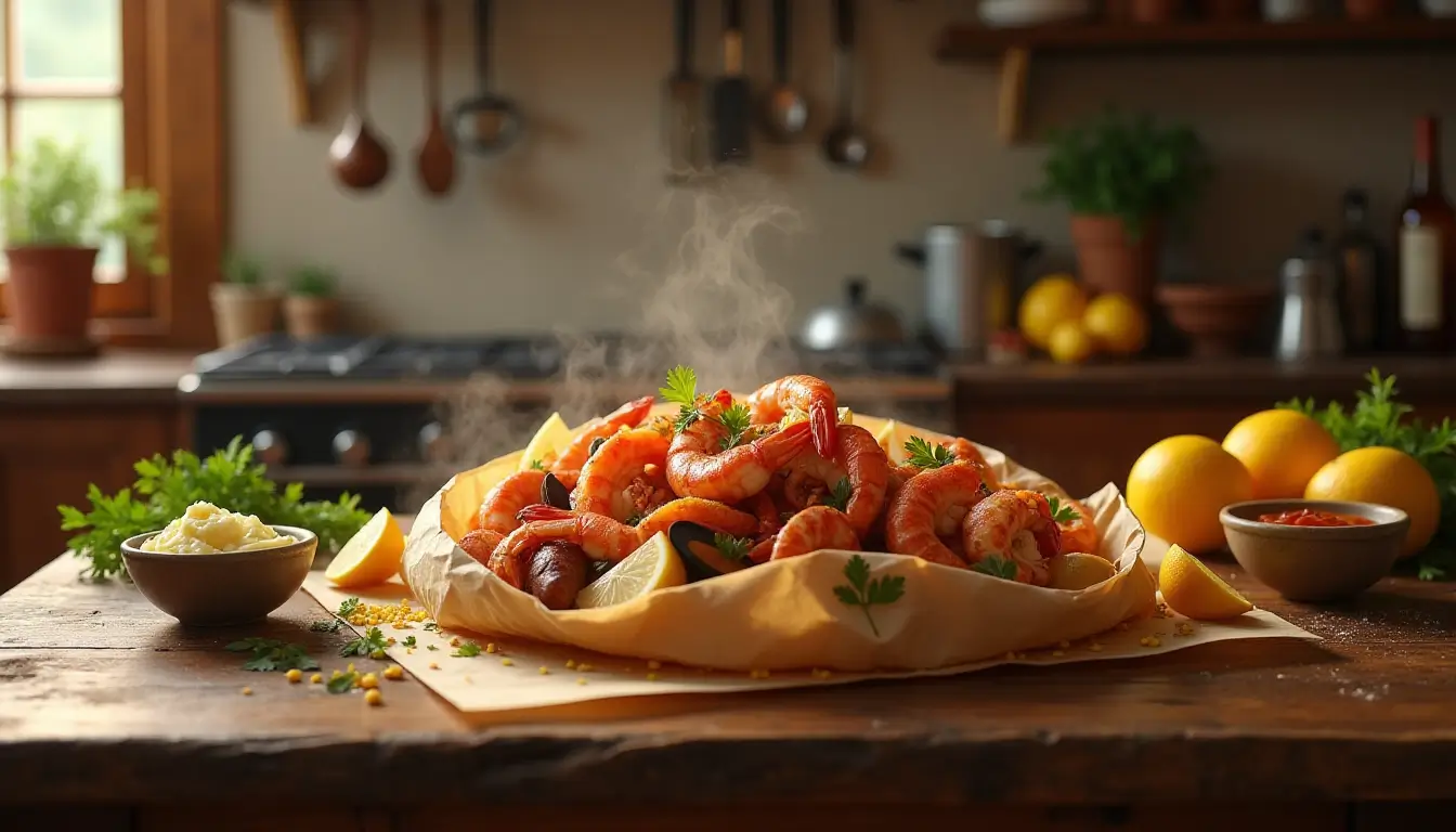 A vibrant Seafood Boil Bag dumped on a rustic wooden table, featuring shrimp, crab legs, mussels, corn, potatoes, and sausage, garnished with lemon wedges and parsley.