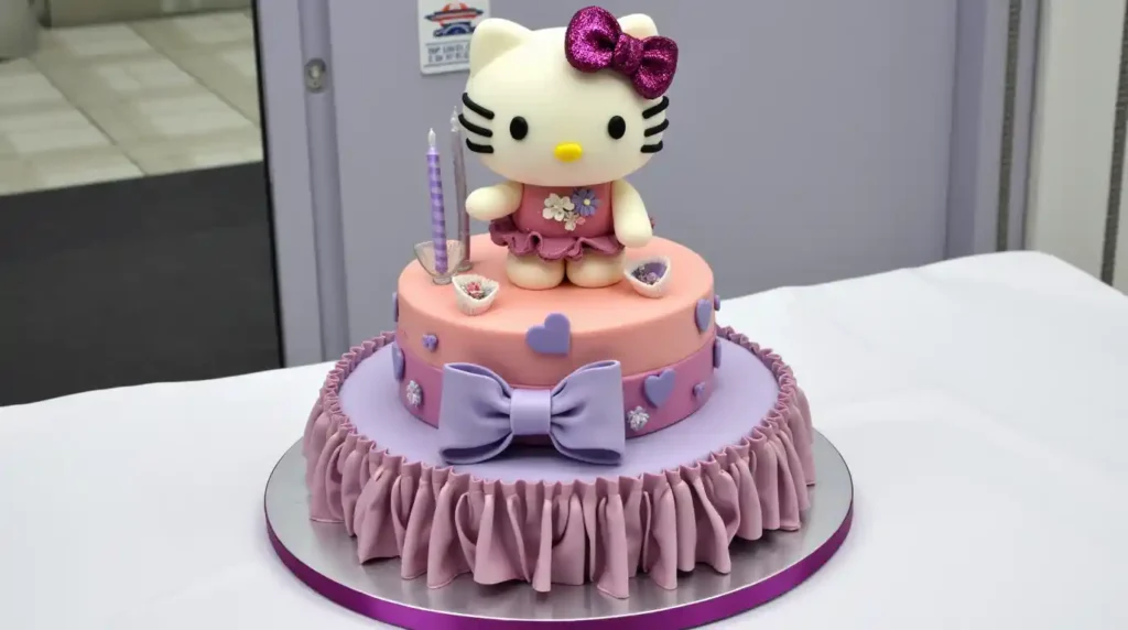 Cake decorator using piping bags and fondant to decorate a Hello Kitty cake.