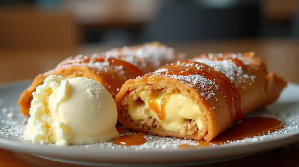 Golden-brown deep-fried flour tortilla filled with cheesecake, garnished with graham cracker crumbs, powdered sugar, and caramel sauce, next to a scoop of melting vanilla ice cream.