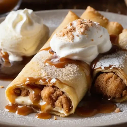 Close-up of a Chimi Cheesecake , cut in half to show the creamy filling, drizzled with caramel and dusted with powdered sugar, served with vanilla ice cream.