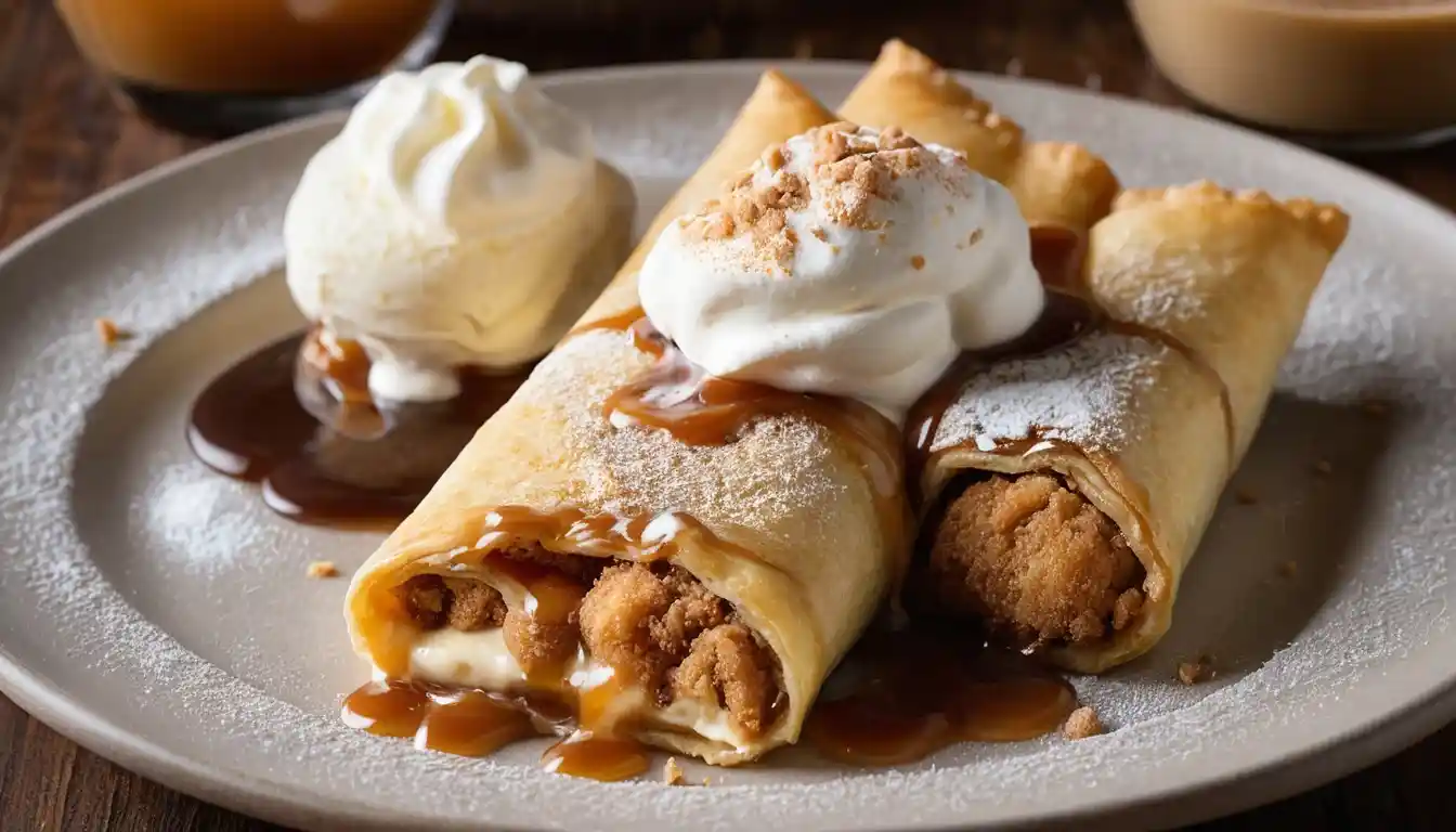 Close-up of a Chimi Cheesecake , cut in half to show the creamy filling, drizzled with caramel and dusted with powdered sugar, served with vanilla ice cream.