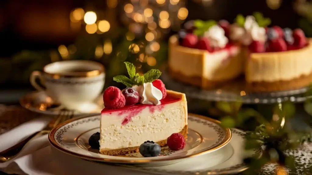 French Cheesecake slices served at a party with coffee, wine, and berries.