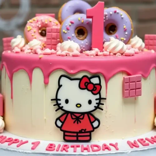 Close-up of a decorated Hello Kitty cake with fondant details and a cute bow.