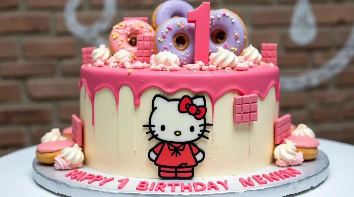 Close-up of a decorated Hello Kitty cake with fondant details and a cute bow.