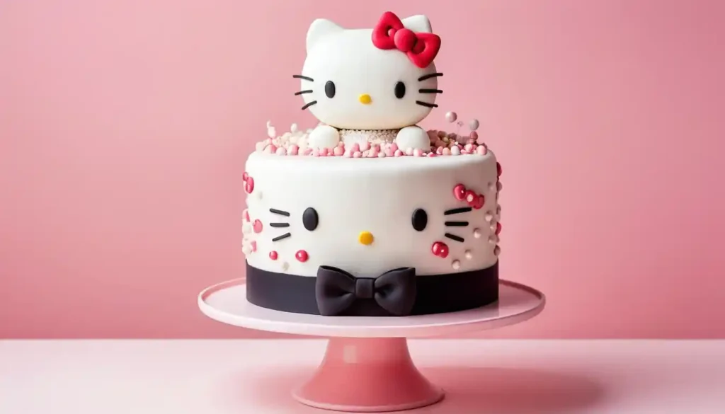 Plated Hello Kitty cake surrounded by party decorations and tableware.