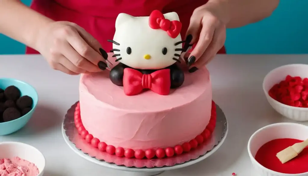 Step-by-step cake baking process showing batter, baking layers, and stacking.