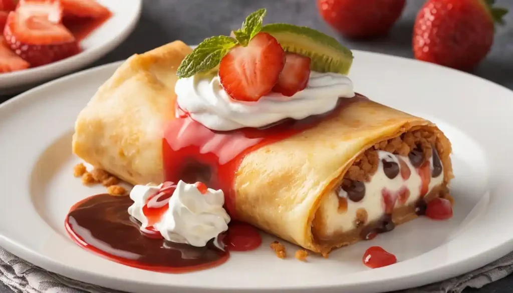 Cheesecake Chimichanga dessert featuring a warm, crispy tortilla with a cheesecake filling, toppings, and ice cream