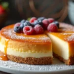 Golden French Cheesecake slice with fresh berries and caramel drizzle on a marble slab