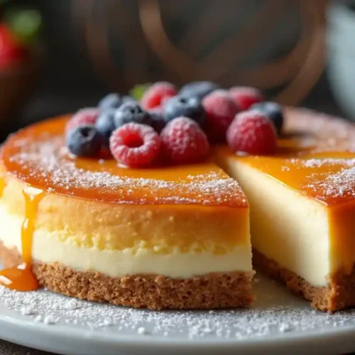 Golden French Cheesecake slice with fresh berries and caramel drizzle on a marble slab