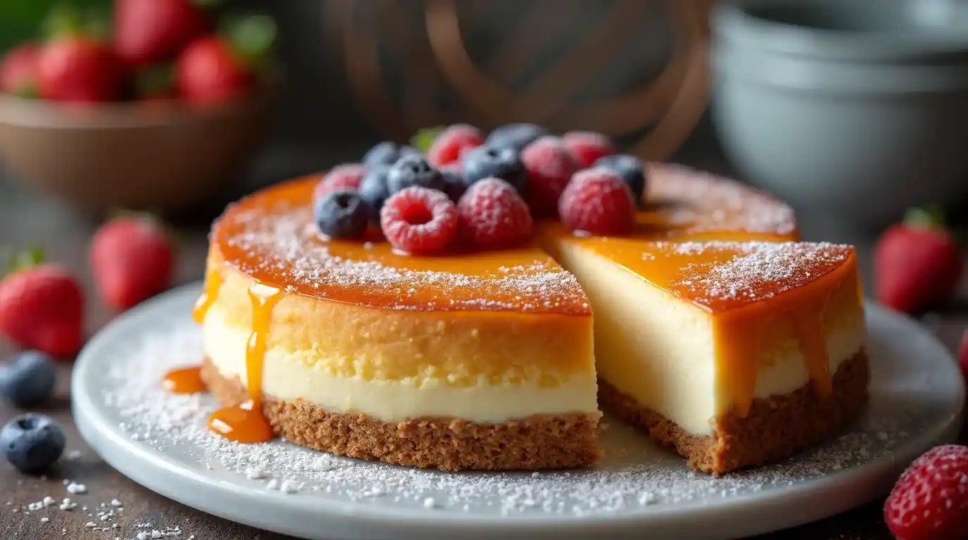 Golden French Cheesecake slice with fresh berries and caramel drizzle on a marble slab