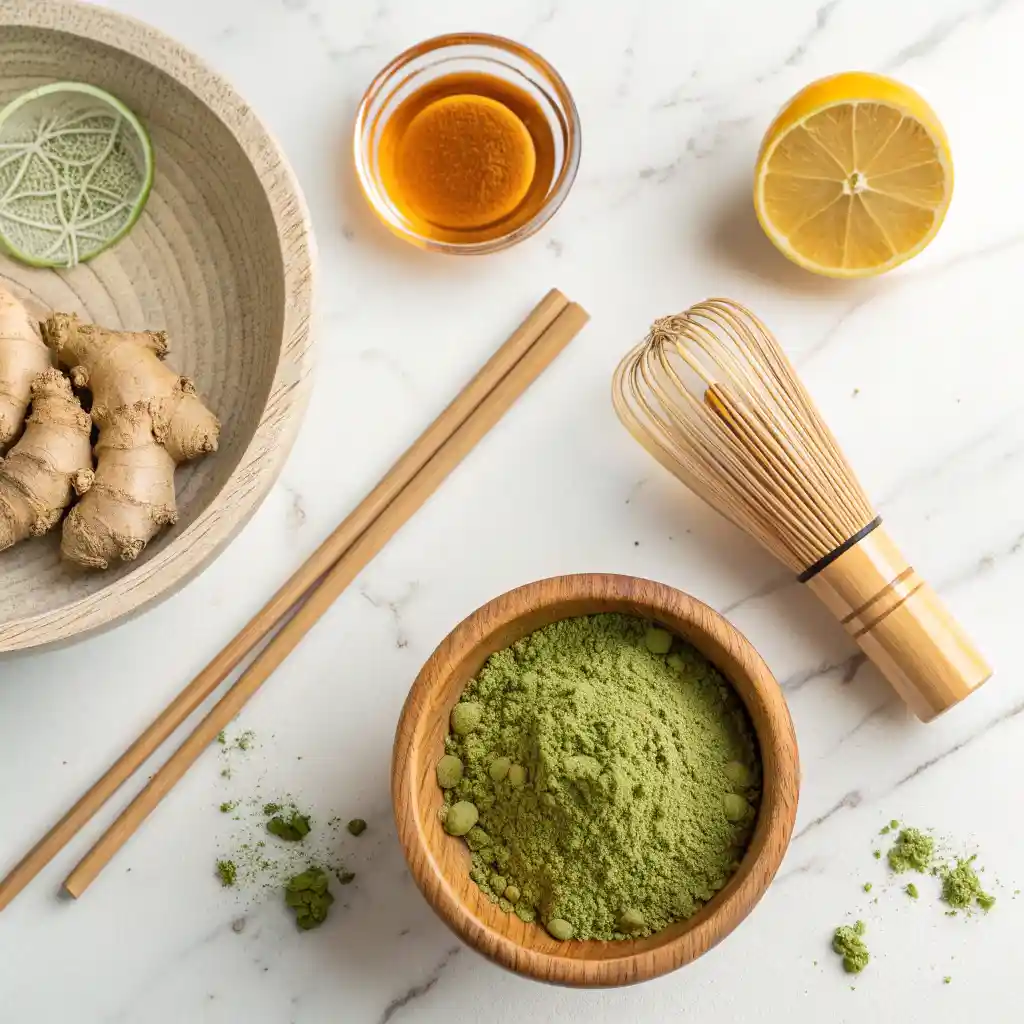 Four ingredients for Japanese Mounjaro weight loss recipe - matcha powder ginger root lemon honey arranged on white marble surface