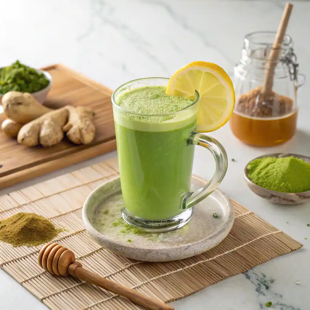 Japanese Mounjaro recipe weight loss drink in glass mug with matcha ginger lemon honey ingredients on bamboo mat