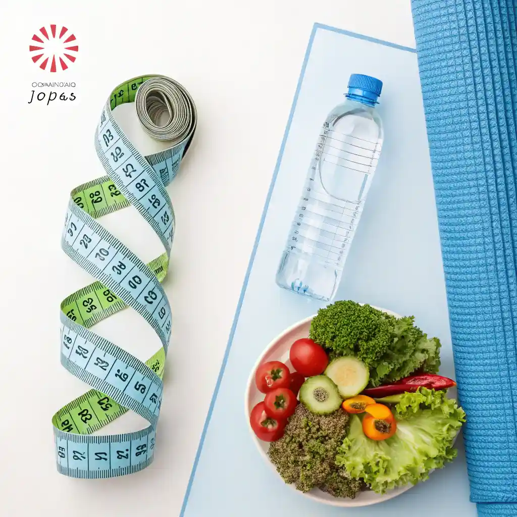 Healthy lifestyle composition with Japanese Mounjaro weight loss drink yoga mat water bottle fresh vegetables wellness journal