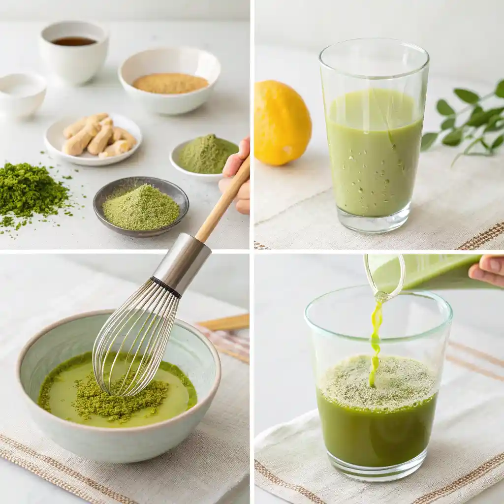 Step-by-step Japanese Mounjaro recipe preparation process showing whisking matcha grating ginger squeezing lemon stirring honey final green drink
