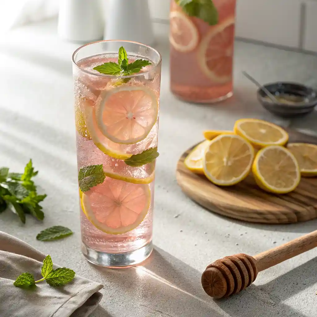 A tall glass of pink lemonade with floating lemon slices and fresh mint leaves, set on a kitchen counter with a honey dipper nearby.
