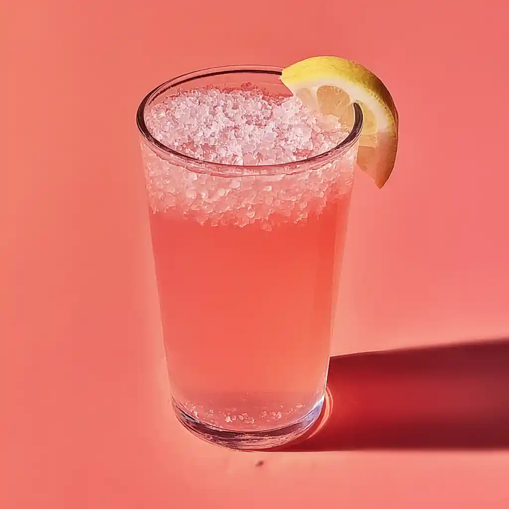 A glass filled with a pink salt trick recipecrushed ice drink and a lemon wedge garnish against a solid pink background.