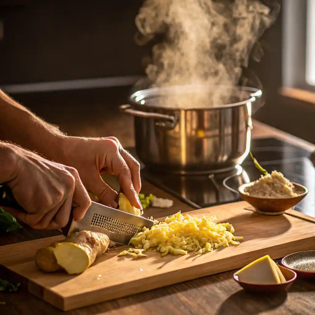 Preparing fresh ginger for Brazilian Mounjaro recipe