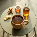 Brazilian Mounjaro wellness drink in clay mug with fresh ginger, cinnamon and ingredients