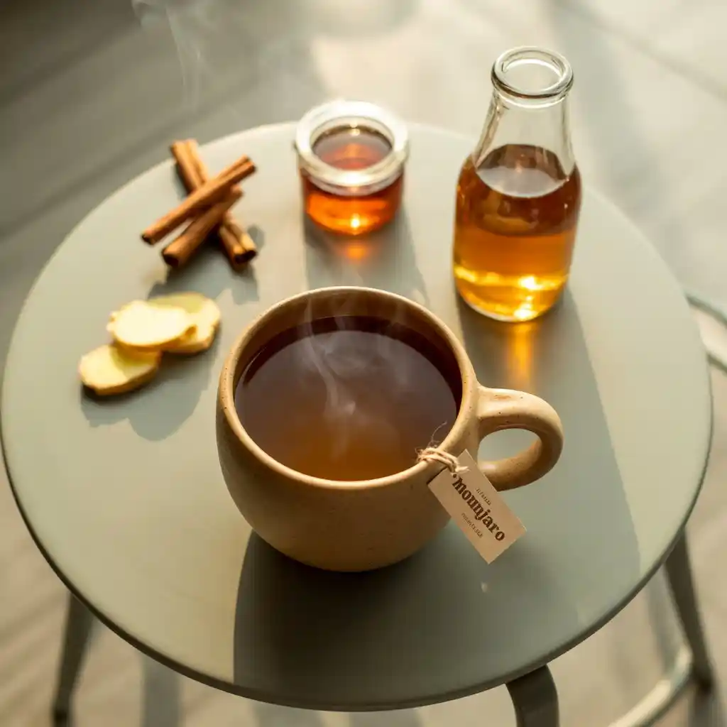 Brazilian Mounjaro wellness drink in clay mug with fresh ginger, cinnamon and ingredients